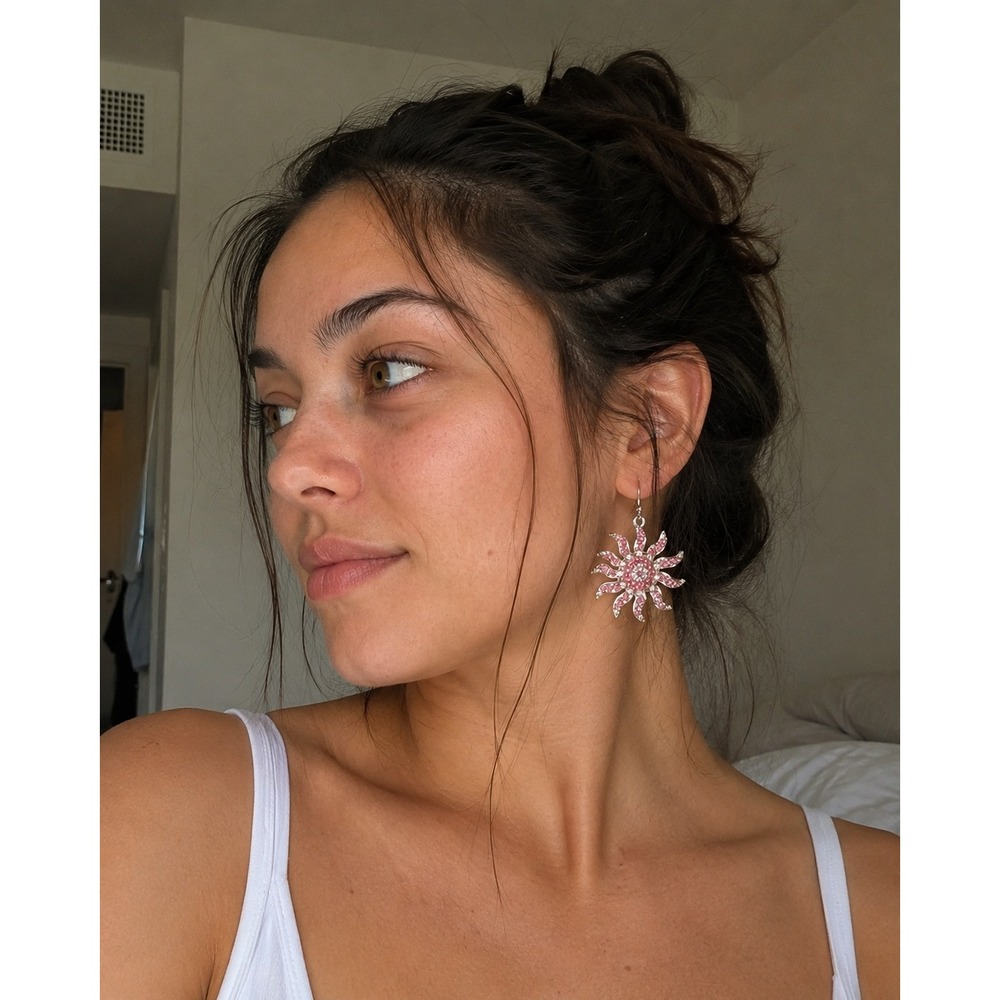 Pink Sunburst Crystal Drop Earrings